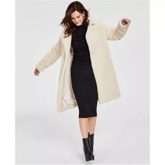 BCBGeneration Teddy Notch Collar Coat size 1X Oatmeal Pockets Sherpa Faux Fur - Picture 1 of 11